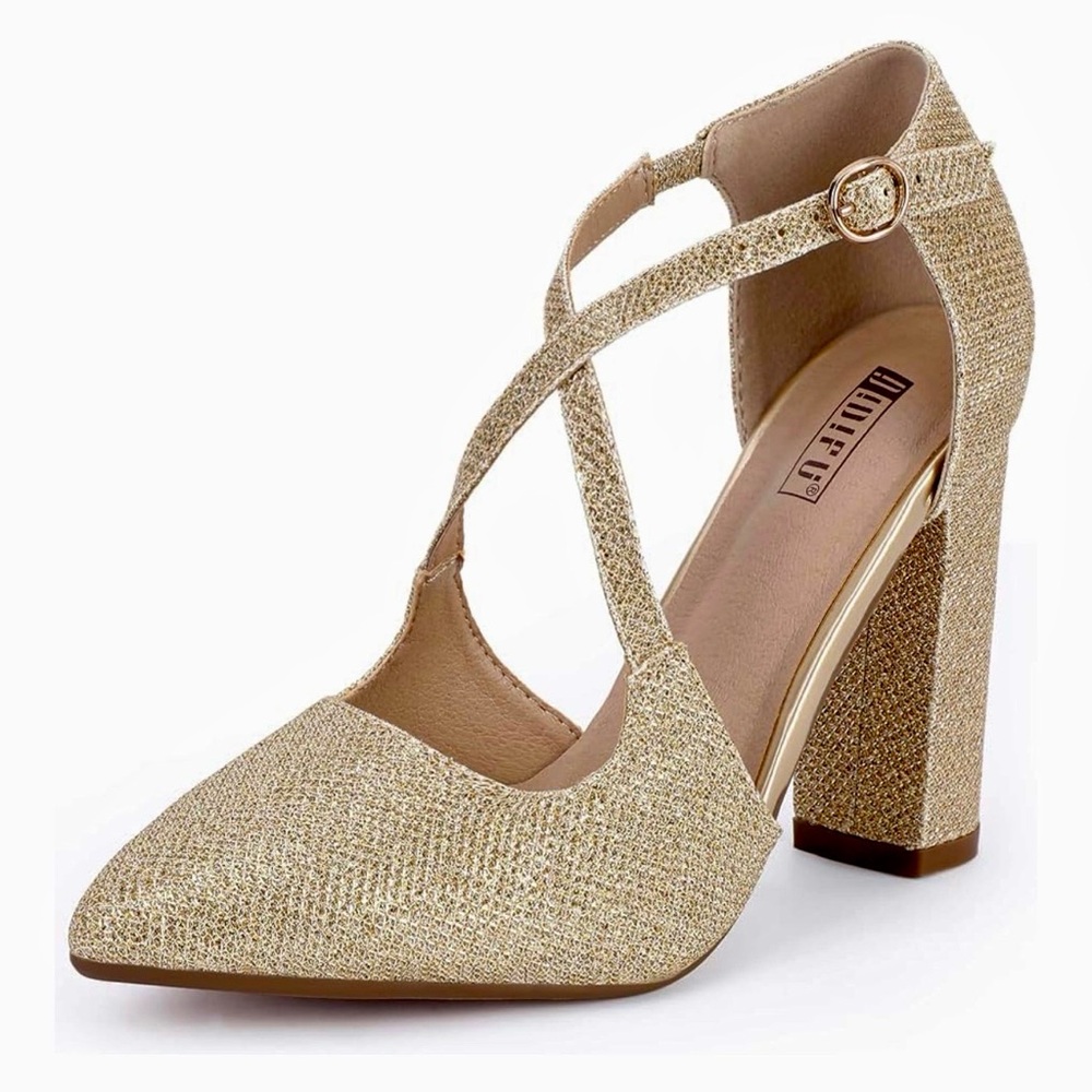 IDIFU Gold Glitter Crisscross Pointed Block Heel Pumps